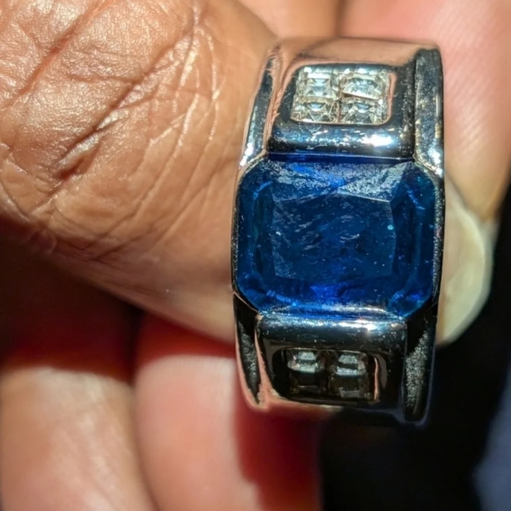 Men's Silver and Blue Gemstone Ring Sz 10